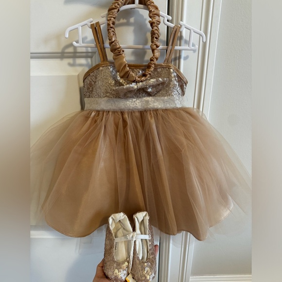 12M full outfit champagne Adele baby dress headband and slippers